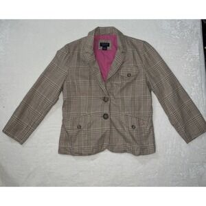 American Eagle Tan Plaid Blazer Jacket Pink Lining Womens Medium Cotton Preppy